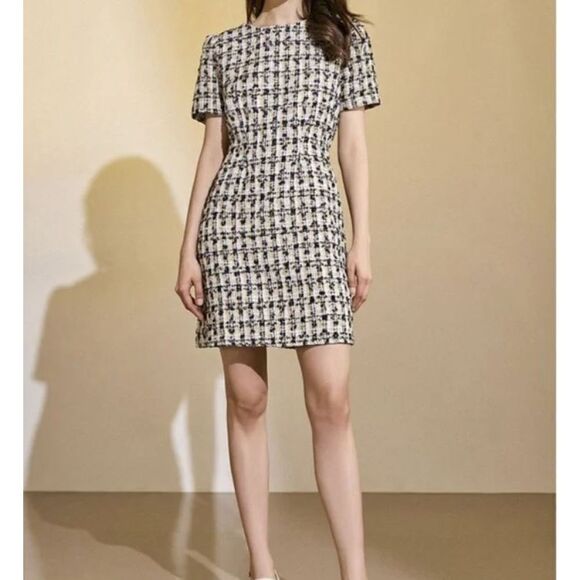 J.ING Tan Midnight Blue Stripe Check Knit Tweed Short Sleeve Mini Dress Size S/M - Picture 1 of 15